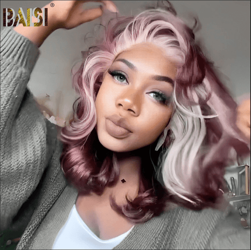 hairbs BOB Wig BAISI Wine Color With Blonde Highlight Lace Wavy Wig