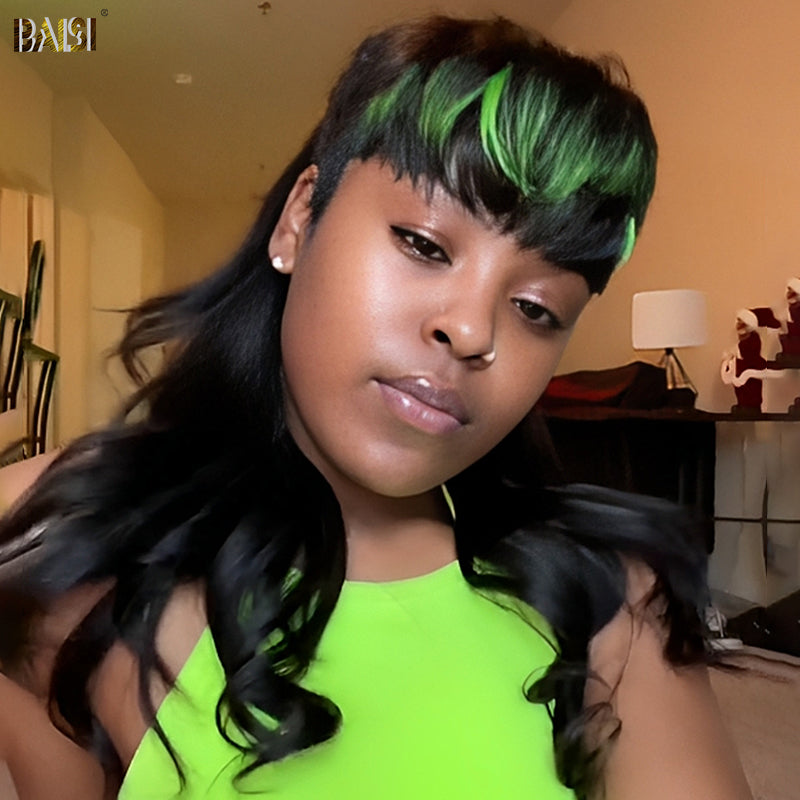 BAISI Green Highlight Mullet Glueless Wig