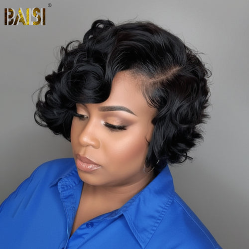 BAISI-4X4_Lace_closure_short_bob_wavy_wig-Black_color-100_human_hair-for black women-shortwig-bob wig-closure wig
