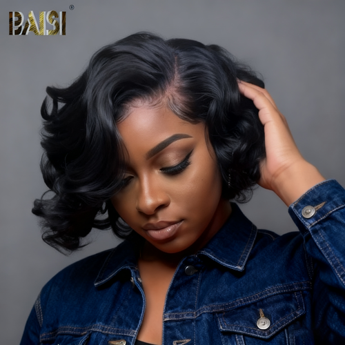 Bais-4X4_Lace_short_bob_wavy_wig-Black_color-100_human_hair-for black women-short wig-bob wig-8 inch hair-natural color wig