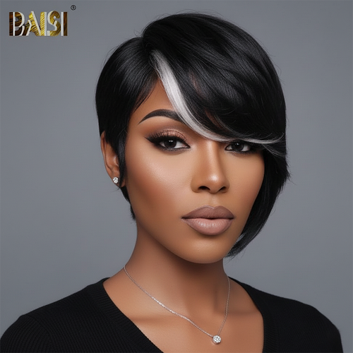 Baisi-13X4_Lace_frontal_BOB_short_wig-Black_with_white_highlight_color_wig-100_human_hair-for black women-color wig-short hair-6 inch hair-8 inch hair