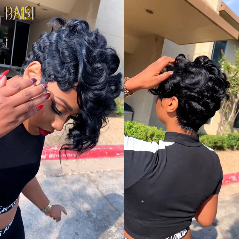 Baisi-5x5_lace_closure_short_pixie_wig-Black_color-100_human_hair-for black women-pixie short wig-finger wave wig
