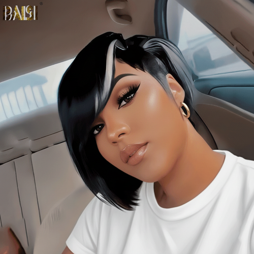 Baisi-6X7_Topper_glueless_hair-Black_with_white_color-100_human_hair-for black women-clips in hair-short hair-topper unit