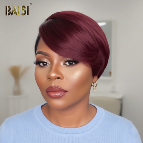 Baisi-6X7_topper_glueless_hair-burgundy_color-100_human_hair-for black women-color hair-short hair-clips in hair