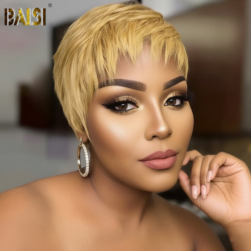 Baisi-Machine_made_glueless_pixie_short_cut_wig-Yellow_color-100_human_hair-for black women-glueless hair-color wig-short cut wig
