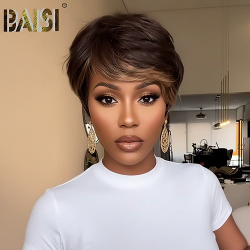 Baisi-Machine_made_glueless_straight_pixie_short_cut_wig-Brown_color_with_highlight-100_human_hair-for black women-pixie wig-short hair-color wig