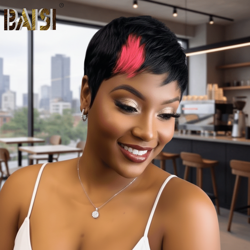 Baisi-Machine_made_pixie_cut_glueless_wig-Black_with_pink_wig-100_human_hair-for black women-short wig-pixie wig-put on and go wig