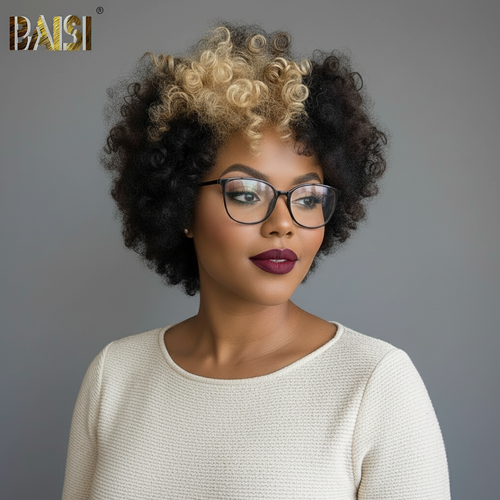 Baisi-Machine_made_pixie_glueless_short_wig-Black_with_honey_blonde_color-100_human_hair-for black women-curlly wig-put on and go wig