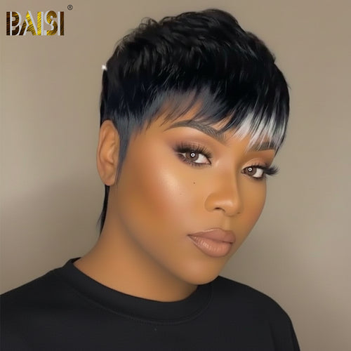 Baisi-Machine_made_short_cut_glueless_hair-Black_with_white_highlight-100_human_hair-for black women-short hair-put on and go wig