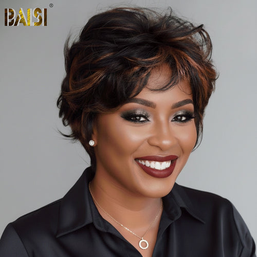 Baisi-Machine_made_short_cut_wig-Black_with_ginger_highlight-100_human_hair-for black women-color wig-short wig-highlight wig-put on and go wig