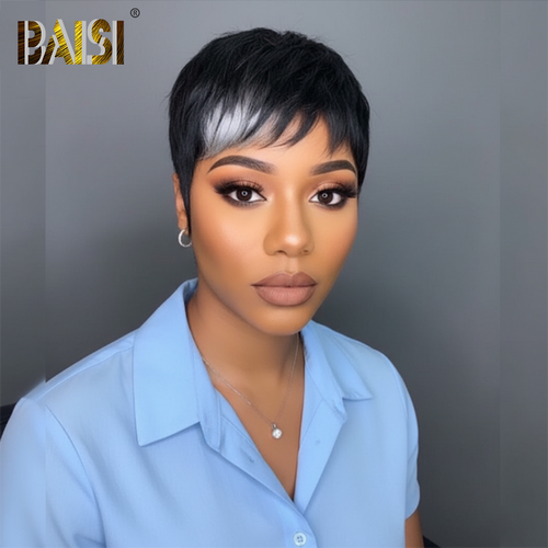 Baisi-Machine_made_short_cut_wig-Black_with_white_color-100_human_hair-for blak women-pixie short wig-highlight wig-put on and go wig