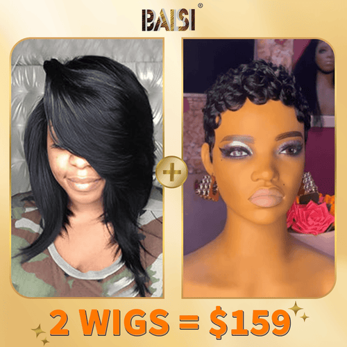 BAISI HAIR 2WIGS Baisi 1-4X4 Lace Side Part BOB Wig+1-Finger Wave Pixie Wig = $159