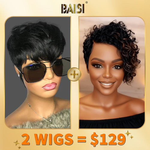 BAISI HAIR 2WIGS Baisi 1 Highlight Curly BOB Wig+1 Pixie Short Cut Wig= $129