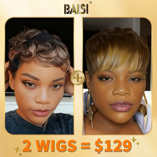 BAISI HAIR 2WIGS Baisi 1 Ombre Color Pixie Wig+1 Golden Highlight Pixie Wig= $129