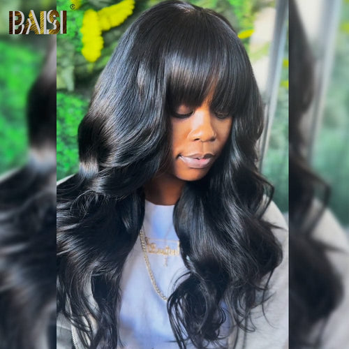 Baisi hair BAISI 100% Human Sexy Wavy Silk Base Wig With Bang