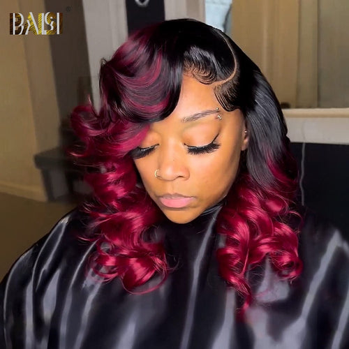 BAISI HAIR Frontal Lace Wig BAISI Wavy With Burgundy Lace Wig