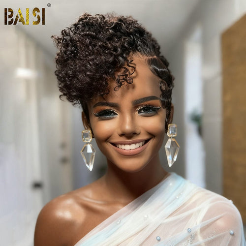 BAISI HAIR Pixie Cut Wig BAISI 13X4 Lace Dark Brown Curly Side Part Wig