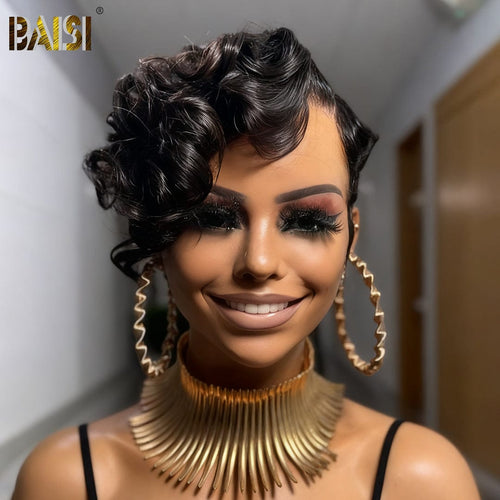 BAISI HAIR Pixie Cut Wig BAISI 13X4 Lace Side Part Wavy With Brown Highlight Wig