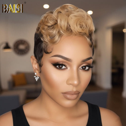 BAISI HAIR Pixie Cut Wig BAISI 5X5 Lace Elegant Finger Wave With Honey Blonde Pixie Wig