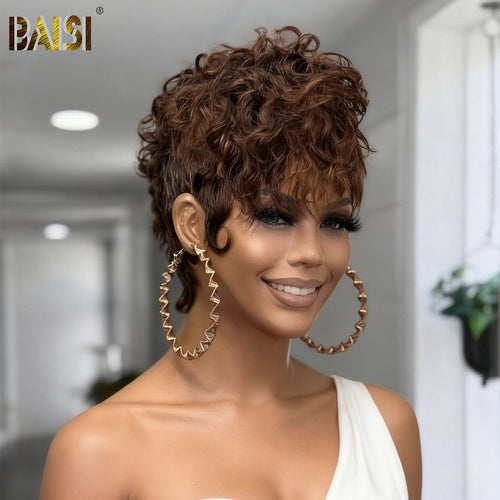 BAISI HAIR Pixie Cut Wig BAISI 5X5 Lace Side Part Brown Wavy Short Wig