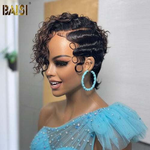 BAISI HAIR Pixie Cut Wig BAISI 5X5 Lace Side Part Pixie Cut Curly With Highlight Wig