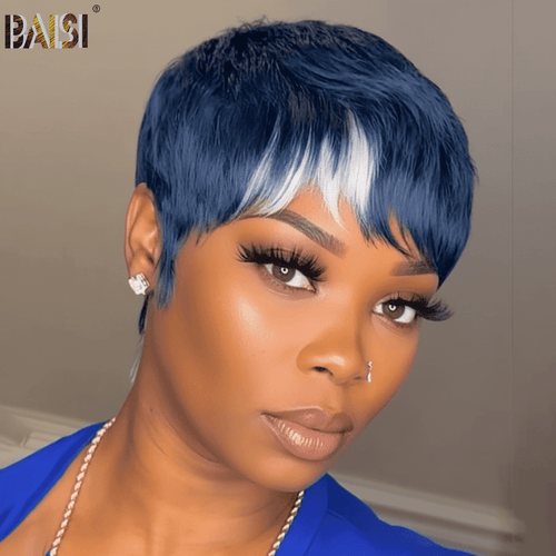BAISI HAIR Pixie Cut Wig BAISI Blue With Highlight Machine Made Wig