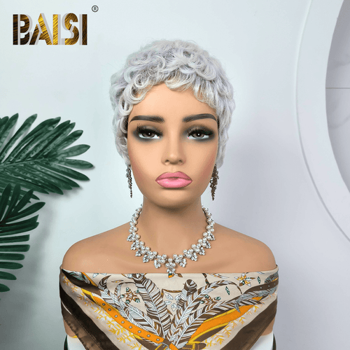 BAISI HAIR Pixie Cut Wig BAISI Grey With Dark Root Finger Wave Wig