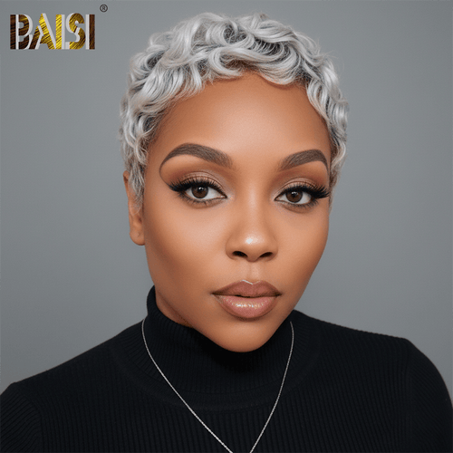 BAISI HAIR Pixie Cut Wig BAISI Grey With Dark Root Finger Wave Wig