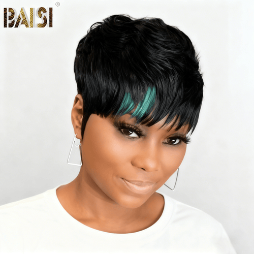 BAISI HAIR Pixie Cut Wig BAISI Machine Made Wig With Green Highlight