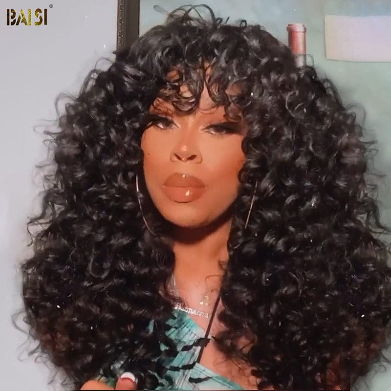 BAISI HAIR Pixie Cut Wig BAISI Sexy Long Bouncy Curl Machine Made WIg With Bang