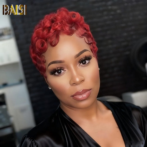BAISI HAIR Pixie Cut Wig BAISI Shinning Red Pixie Finger Wave Machine Made Wig
