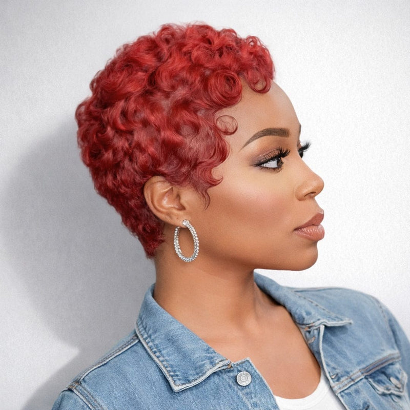 BAISI Shinning Red Pixie Finger Wave Machine Made Wig – BAISI HAIR