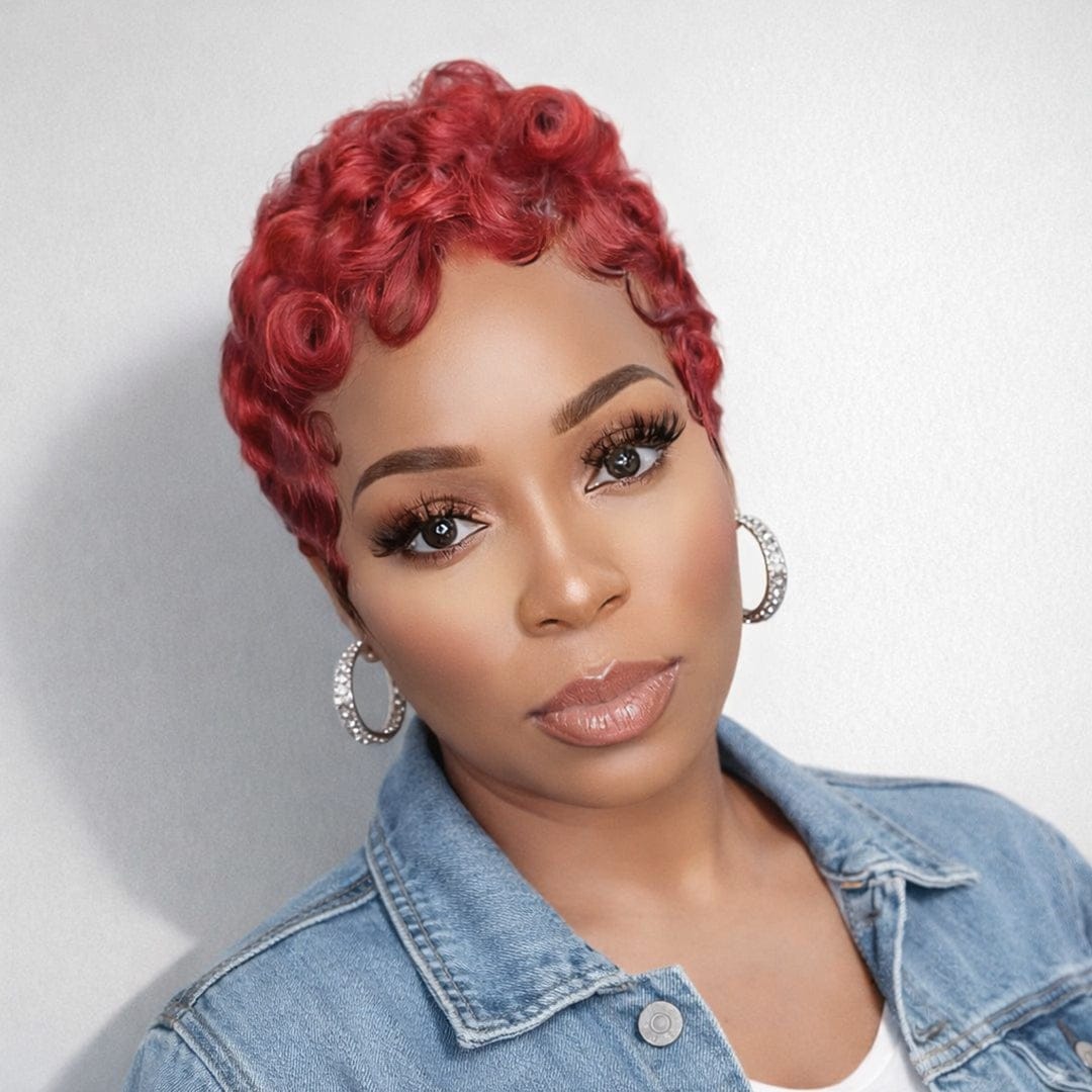 BAISI Shinning Red Pixie Finger Wave Machine Made Wig – BAISI HAIR