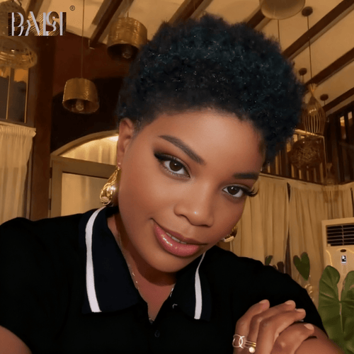 Glueless Wig BOB Wig BAISI 13x4 Lace Bouncy Afro Curl With Green Highlight Glueless Wig