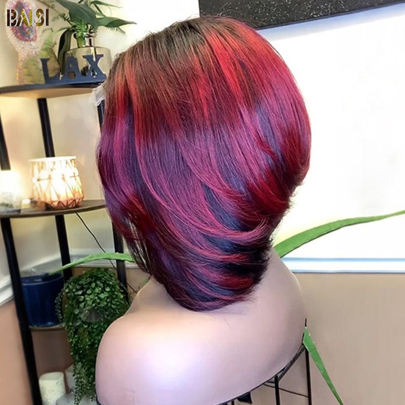 hairbs $100 wig BAISI Sexy Side Part With Red Highlight BoB Wig