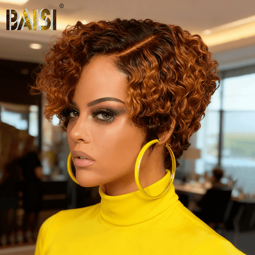 hairbs bob wig BAISI 4X4 Elegant Side Part Curly Lace Wig