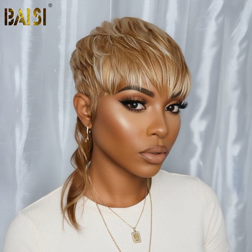hairbs mullet BAISI Blond Mix Brown Short Mullet Glueless Wig