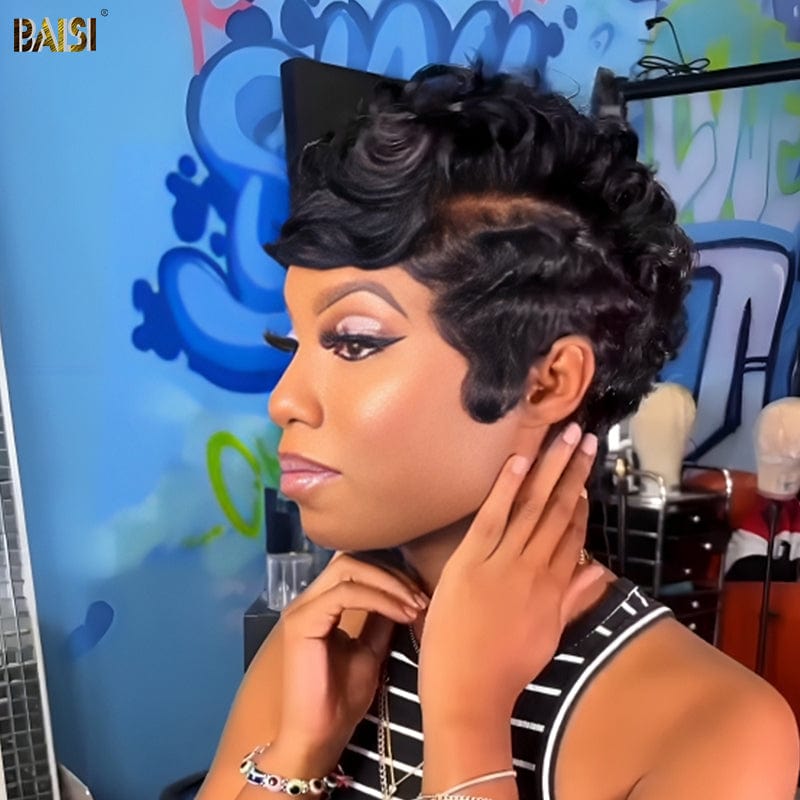 hairbs Pixie Cut Wig BAISI Black Finger Wave Lace Wig