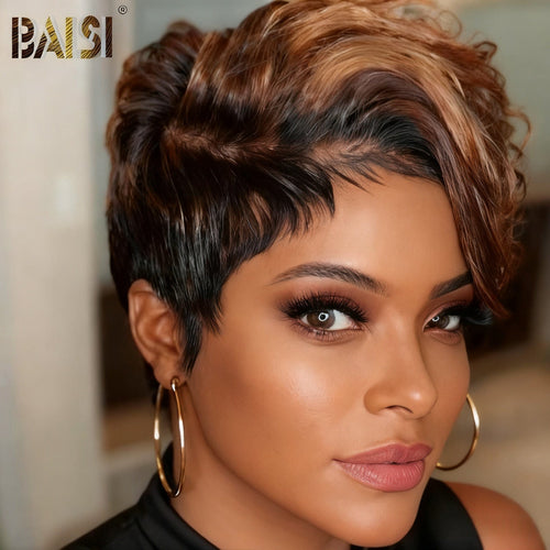 Pixie Cut Wig Pixie Cut Wig BAISI 1B/33# Highlight 5x5 Lace Wig