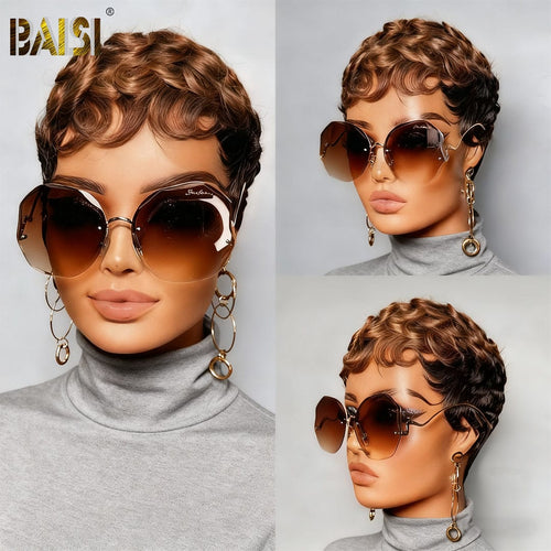 Pixie Cut Wig Pixie Cut Wig BAISI Machine Made Finger Wave With Ginger Highlight Wig