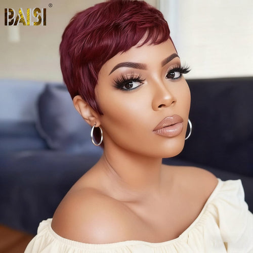 Pixie Cut Wig Pixie Cut Wig BAISI Pixie Machine Made Wig Burgundy Wig