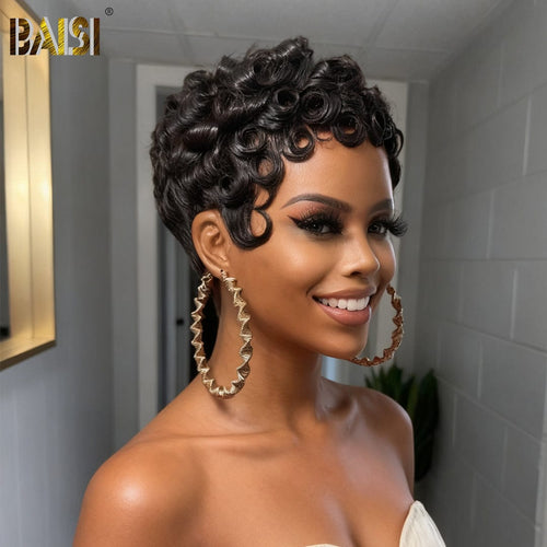 Pixie Cut Wig Pixie Cut Wig BAISI Sexy Machine Made Finger Wave Wig For Black Women