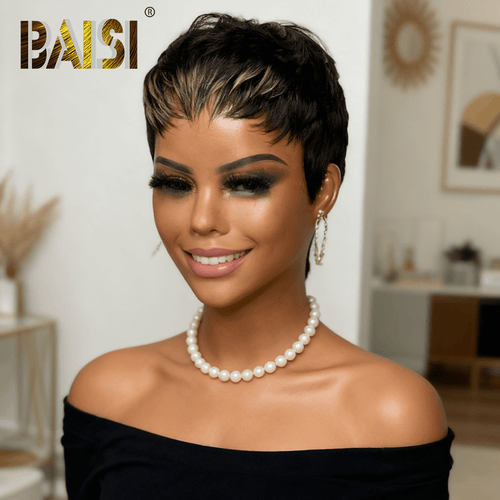 Pixie Cut Wig Pixie Cut Wig BAISI Sexy Machine Made With Honey Blonde Hightlight Short Wig