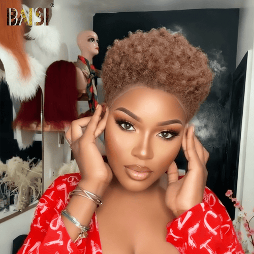 pixie wig Pixie Cut Wig BAISI 13x4 Bouncy Brown Afro Curl Pixie Lace Wig