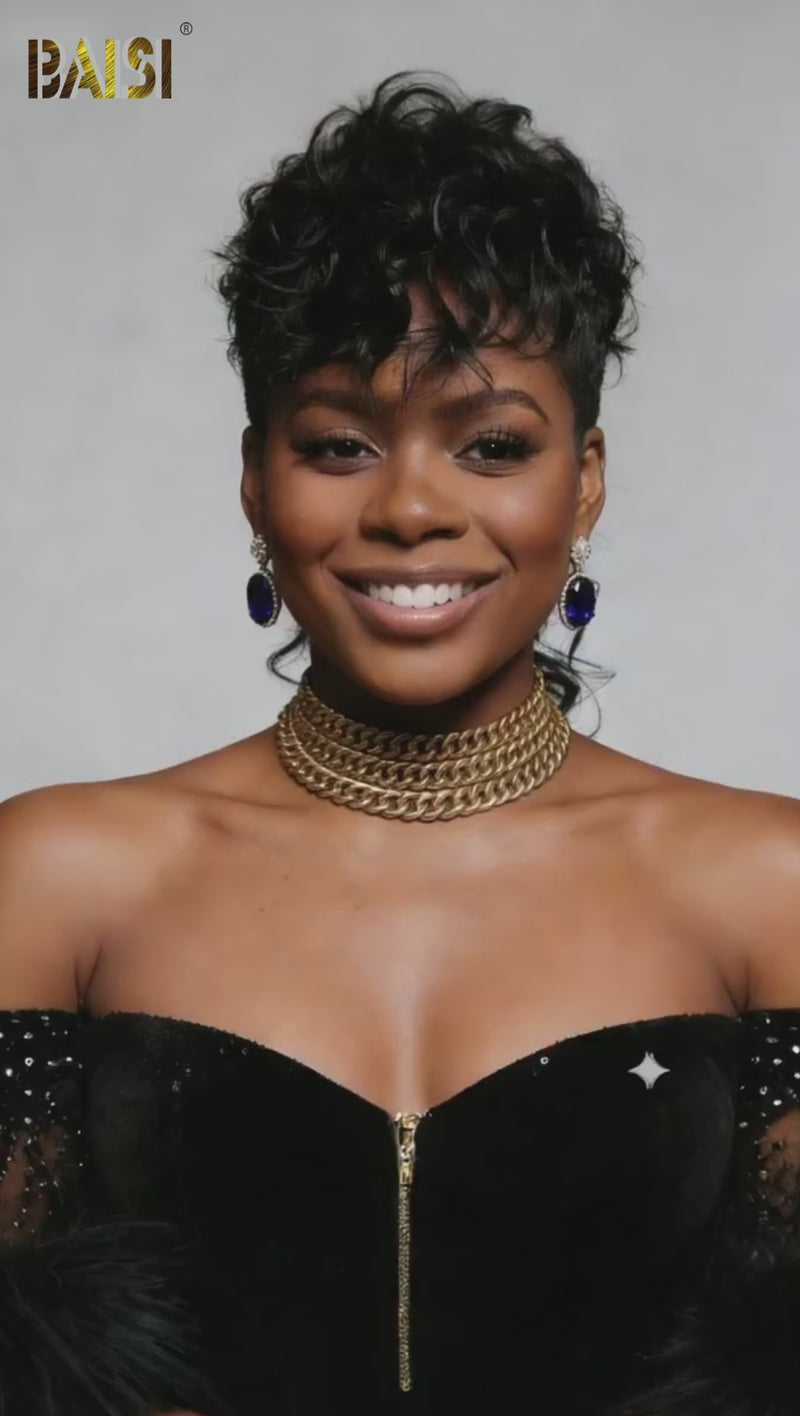 Baisi-Machine_made_glueless_curly_mullet_wig-Black_color-100_human_hair-for black women-glueless hair-put on and go wig-short hair-curly wig