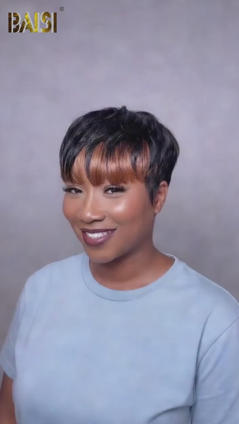 Baisi-Machine_made_pixie_straight_cut_wig-Black_with_brown_color_highlilght_-100_human_hair-for black women-color wig-full density hair-glueless hair