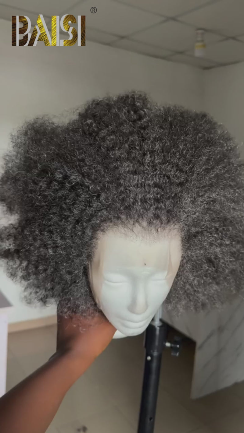 Baisi-13X4lacebobshortwig-blackcolor-100_hmanhair-Afro curl wig-Black color-short bob wig-curly wig