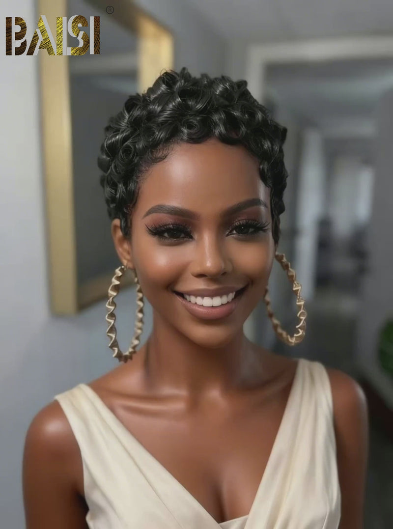 Baisi-Machine_made_finger_wave_wig-black_color-100_human_hair-for black women-short cut wig-pixie hair-short wig