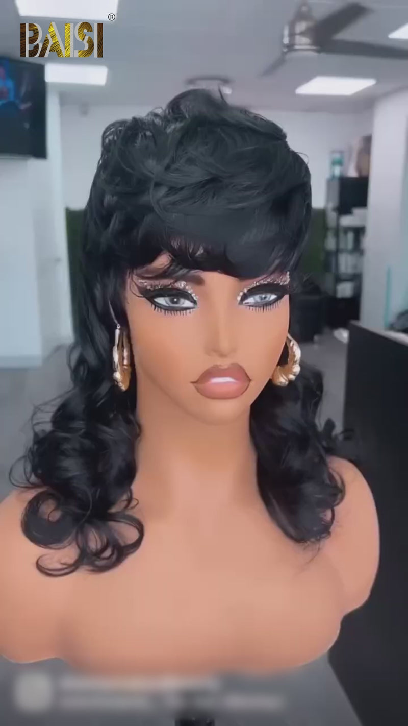 Baisi-Machinemademulletshortwig-Blackcolor-100_humanhair-for black women-glueless wig-mullet wig-100% human hair-glueless wig-wig under $100