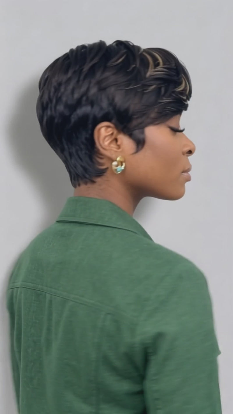 Baisi-13X4_lace_frontal_pixie_short_cut_wig-black_with_the_blonde_highlight_color-100_human_hair-for_black_women-for black women-wig for daily life-wig for work-wig for party-wig for vacation